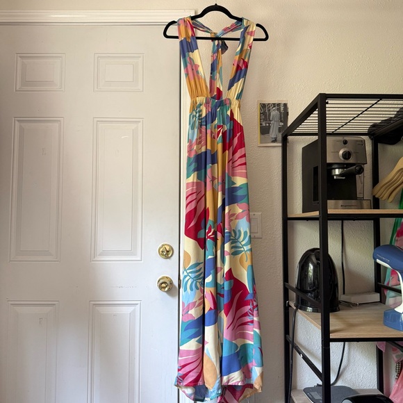 NWT ELF HANDMADE multicolor‎ floral tropical halter neck backless rayon jumpsuit